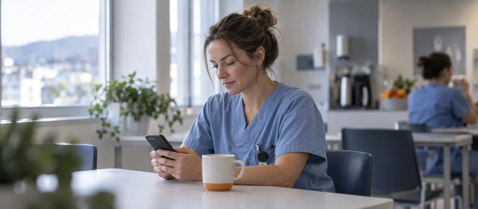 Eine Pflegefachperson sitzt im Pausenraum bei einem Kaffee und schaut auf ihren Dienstplan im Handy